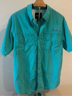 TSLA Fishing Shirt Teal Short Sleeve Performance Outdoor Quick Dry Men’s Small